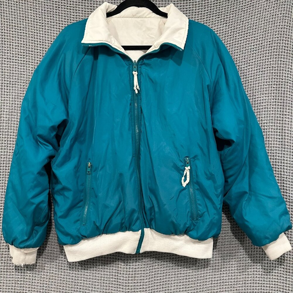 Vintage 90s Y2K Women's Medium Teal and White Reversible Puffer Bomber Jacket - Picture 2 of 12